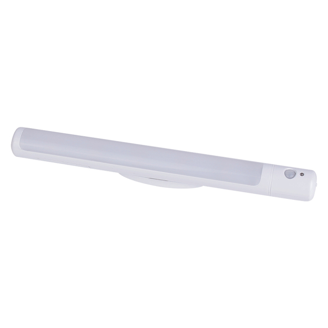 Studio angled view of the white battery-operated PIR motion sensor closet light bar showing the attached mounting support stand on a white background.