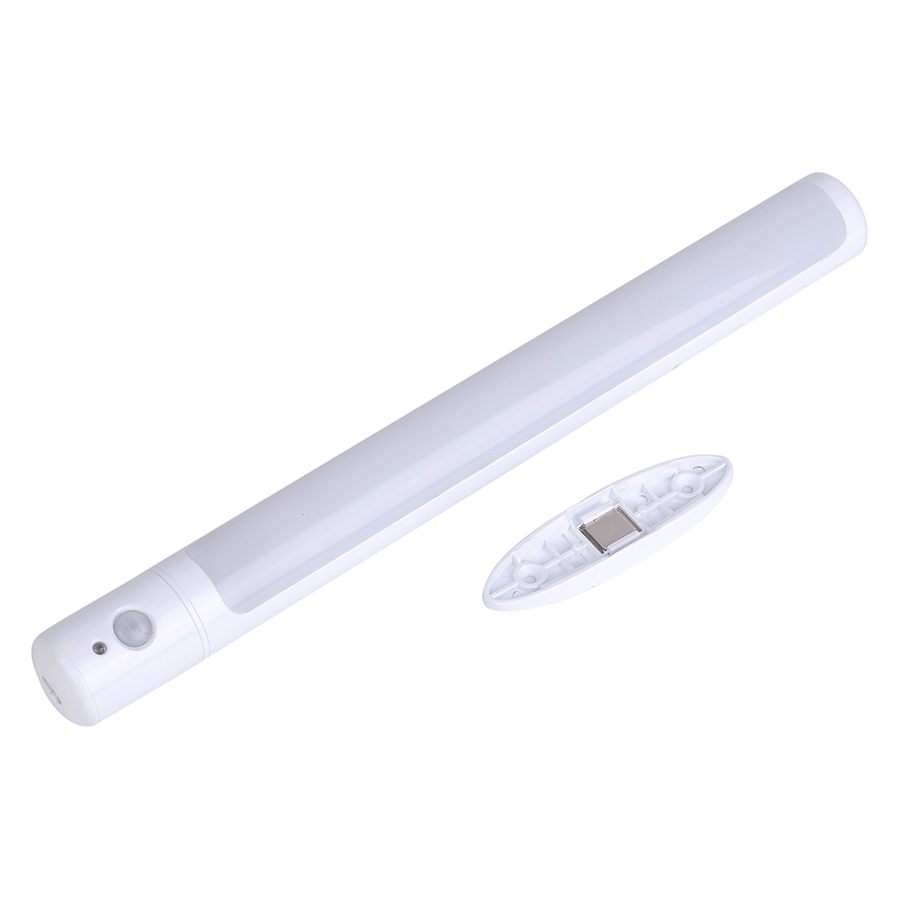 The white AA battery-powered PIR sensor light bar displayed alongside its detached white plastic mounting support stand.