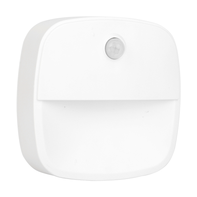 Studio angled view of the compact square LED step light against a white background, highlighting its slim and rounded-edge profile.