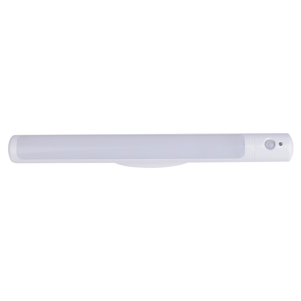 Front view of the long white cordless PIR motion sensor LED wardrobe light bar featuring a frosted diffuser and a dome sensor lens on the right.