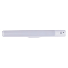 Front view of the long white cordless PIR motion sensor LED wardrobe light bar featuring a frosted diffuser and a dome sensor lens on the right.