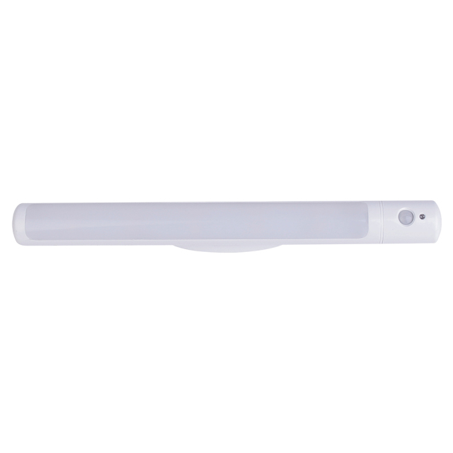Front view of the long white cordless PIR motion sensor LED wardrobe light bar featuring a frosted diffuser and a dome sensor lens on the right.