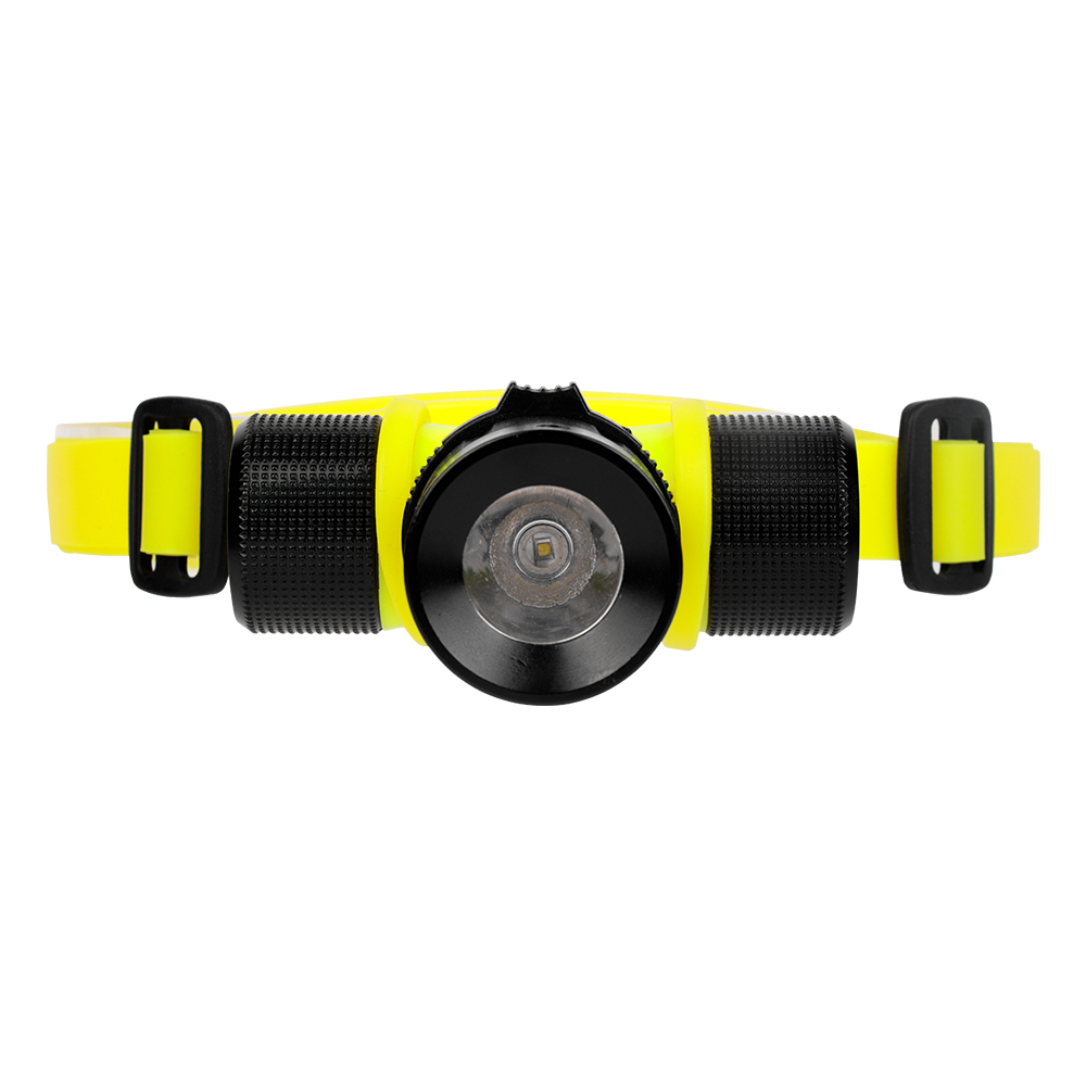 Studio front view of the T6 LED diving headlight with its yellow rubber strap and black aluminum light head assembly against a white background.