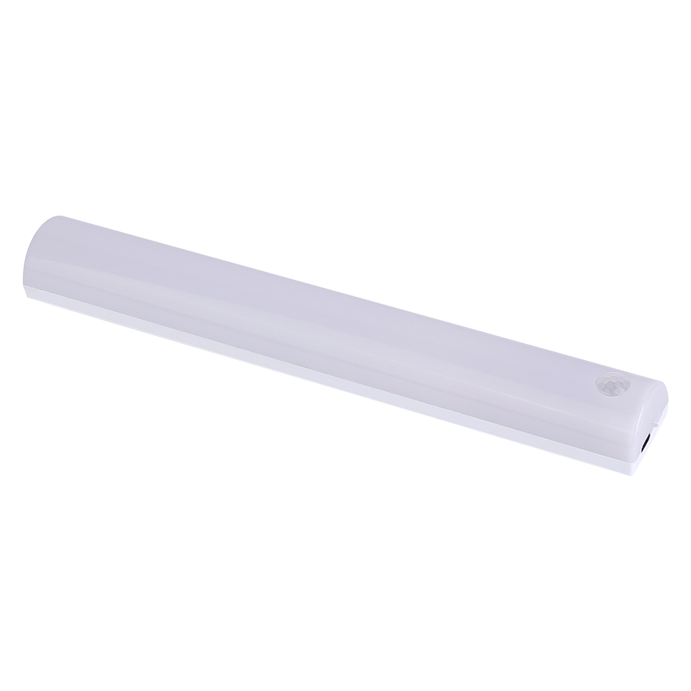 Studio angled view of the long white rechargeable RGB sensor cabinet light bar on a white background, showing the dome PIR lens.