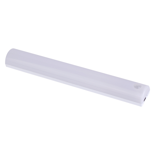 Studio angled view of the long white rechargeable RGB sensor cabinet light bar on a white background, showing the dome PIR lens.