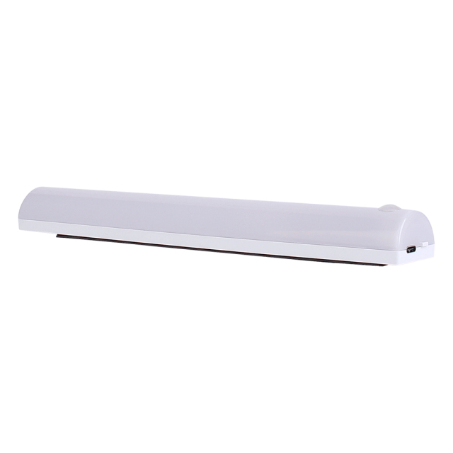 Back angled view of the white LED closet light bar, highlighting the built-in USB Type-C charging port and slim mounting base.