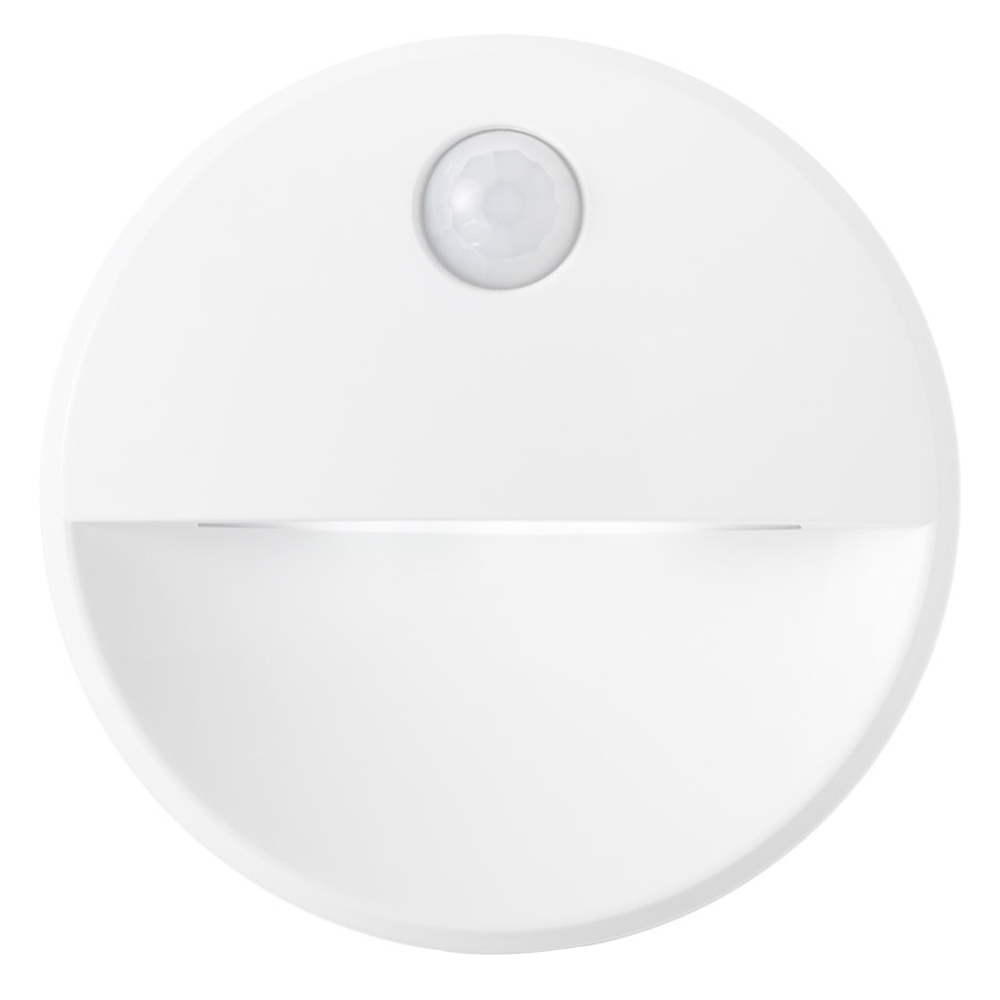 Front studio view of the round white battery-operated PIR motion sensor LED night light with a frosted downward light shield.