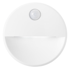 Front studio view of the round white battery-operated PIR motion sensor LED night light with a frosted downward light shield.
