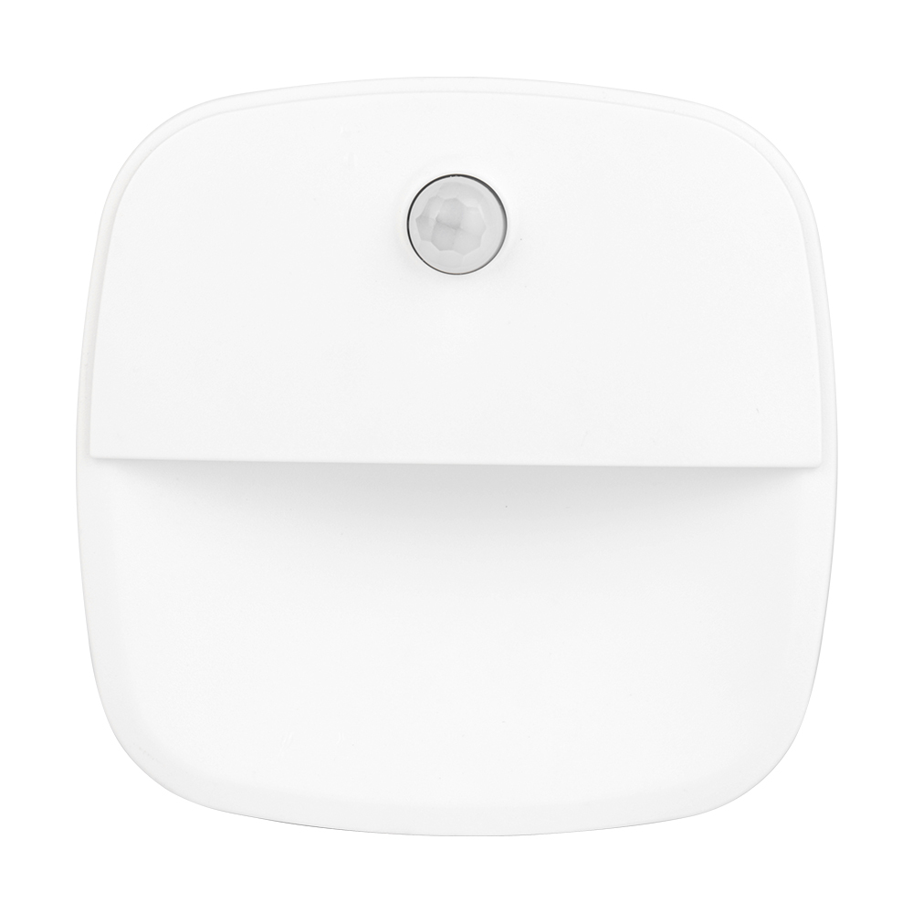 Front studio view of the white square battery-powered PIR motion sensor night light, showing its dome lens and downward diffuser.