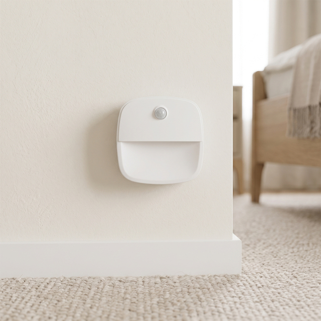 A white square PIR motion sensor LED night light mounted on a bedroom wall near the baseboard flooring.