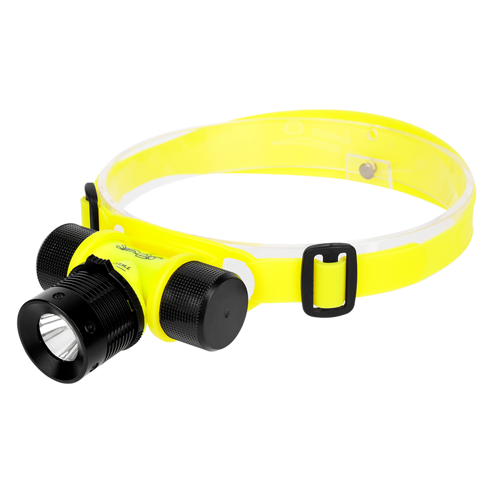Studio angled view showcasing the full structure of the waterproof underwater headlamp, including the adjustable yellow rubber headband and side battery compartments.