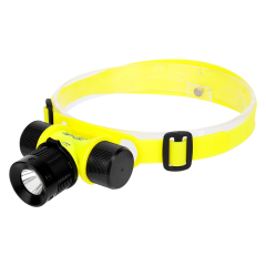 Studio angled view showcasing the full structure of the waterproof underwater headlamp, including the adjustable yellow rubber headband and side battery compartments.
