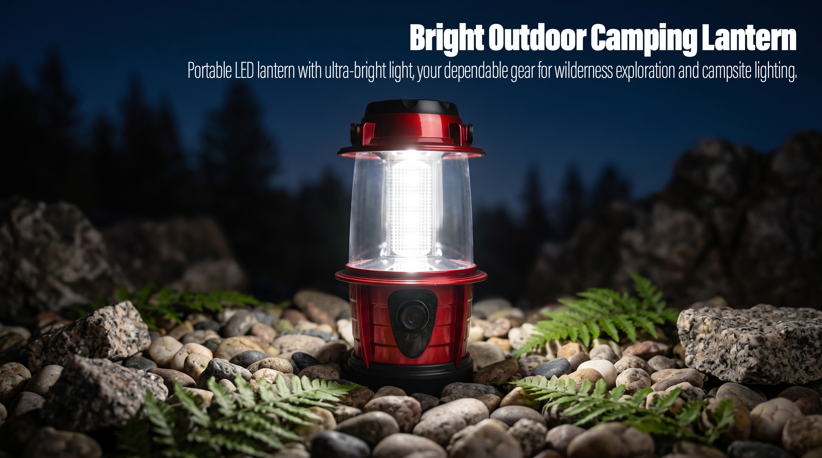 A red and black portable LED camping lantern standing on a rocky surface with pebbles and fern leaves, shining brightly under a dark night sky.