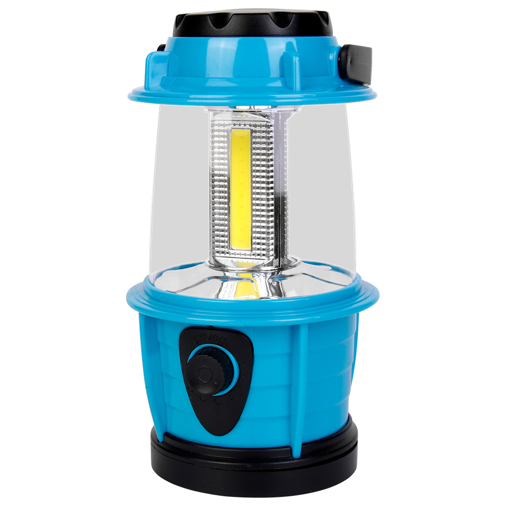 Direct front view of the blue variant of the retro camping lantern equipped with a central high-brightness vertical COB LED panel.