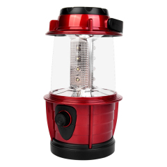 An angled view of the red dimmable emergency light, showcasing the black rotary dimmer knob switch on the front base.