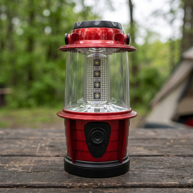 A red portable retro LED camping lantern with a black carrying handle resting on a rustic wooden picnic table outdoors.