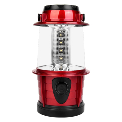 Direct front view of the red retro LED camping lantern on a white background, featuring a clear cylindrical lens and a vertical LED filament light source.