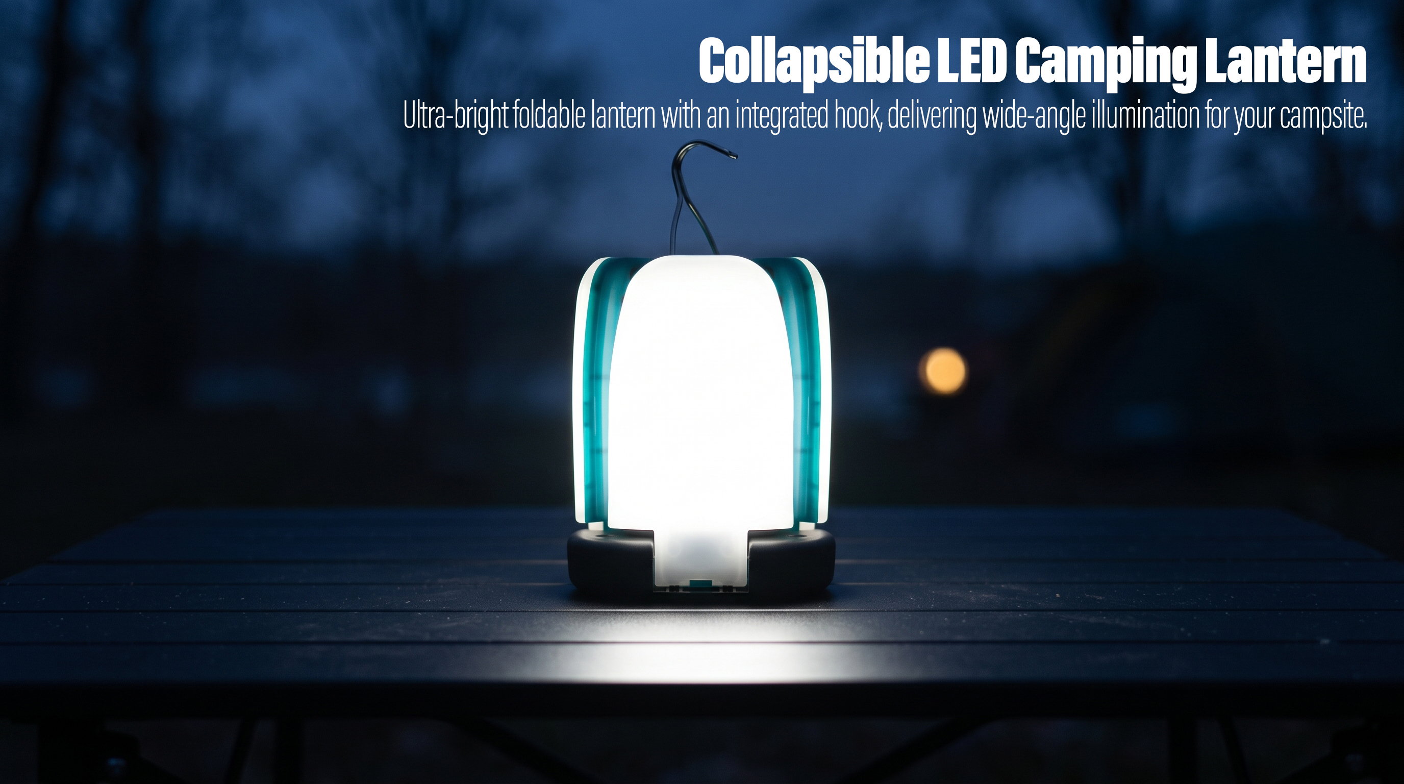 An ultra-bright collapsible LED camping lantern glowing on a black outdoor table at a campsite during the blue hour.