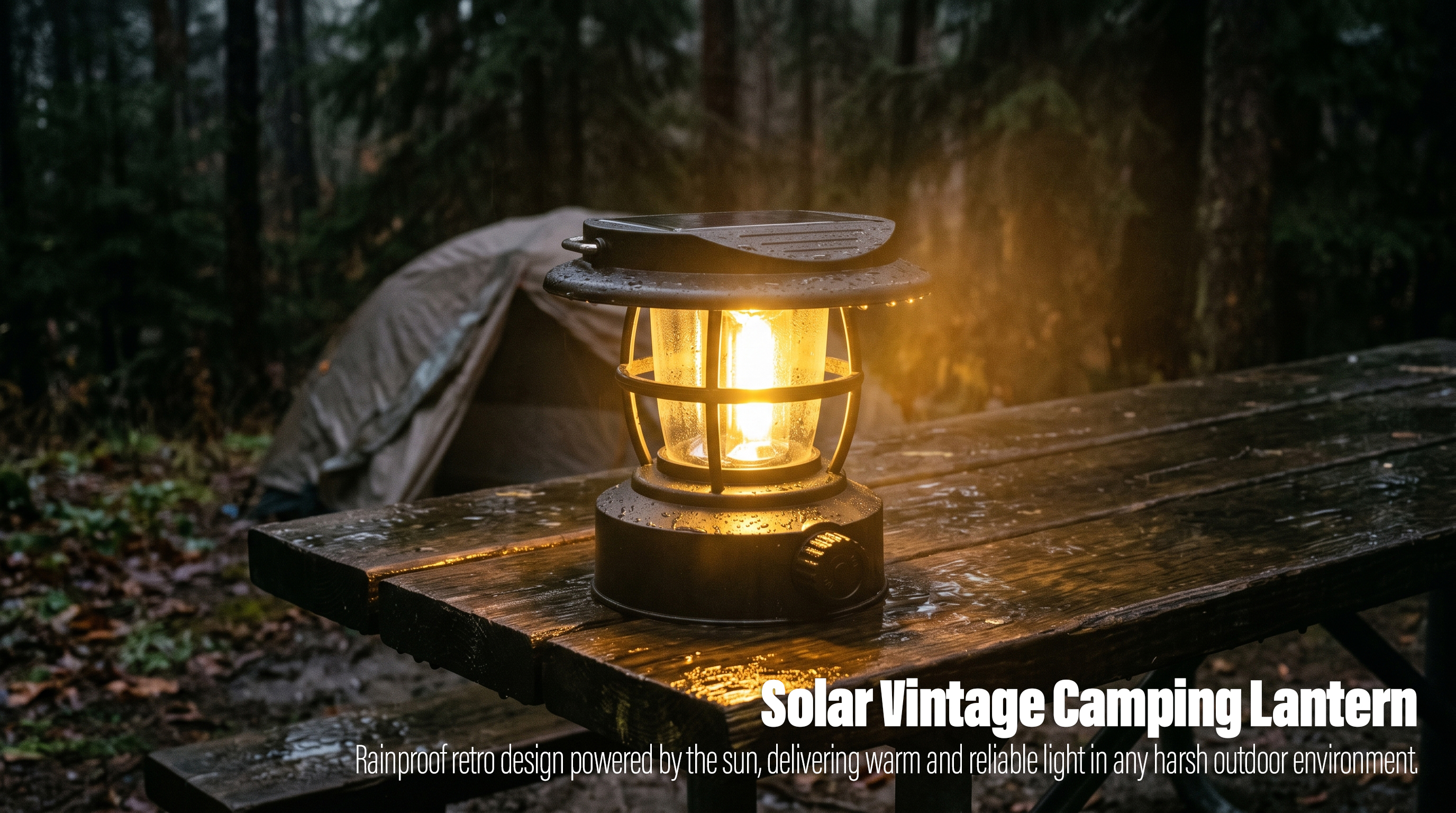 A waterproof solar vintage camping lantern glowing with warm light on a wet wooden picnic table during a rainy forest campout.