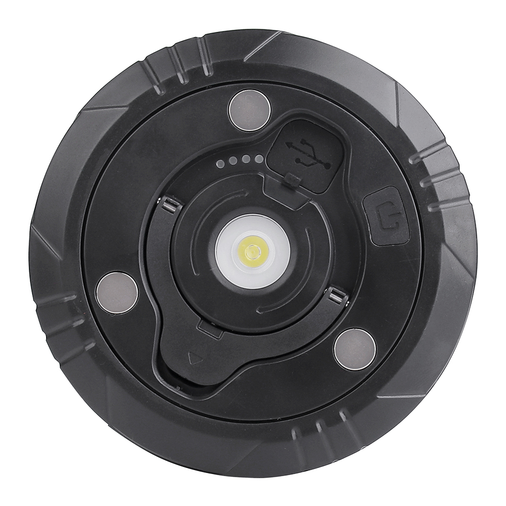 Rear view of the camping lantern flashlight showcasing the central 3W XTE LED lens, three circular magnets, and the folded flat handle.