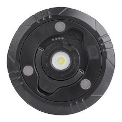 Rear view of the camping lantern flashlight showcasing the central 3W XTE LED lens, three circular magnets, and the folded flat handle.