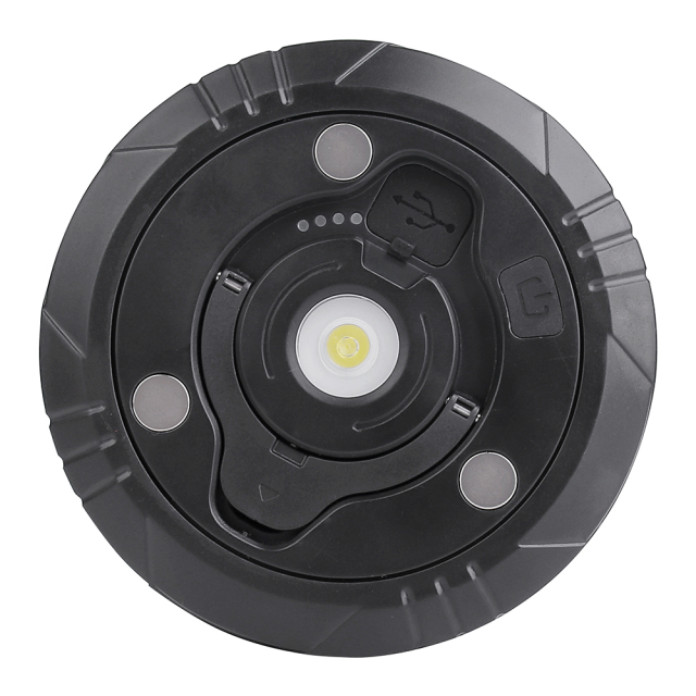 Rear view of the camping lantern flashlight showcasing the central 3W XTE LED lens, three circular magnets, and the folded flat handle.