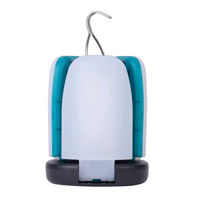 Direct front view of the collapsible LED camping lantern in its closed cylindrical form with an integrated metal hanging hook on top.