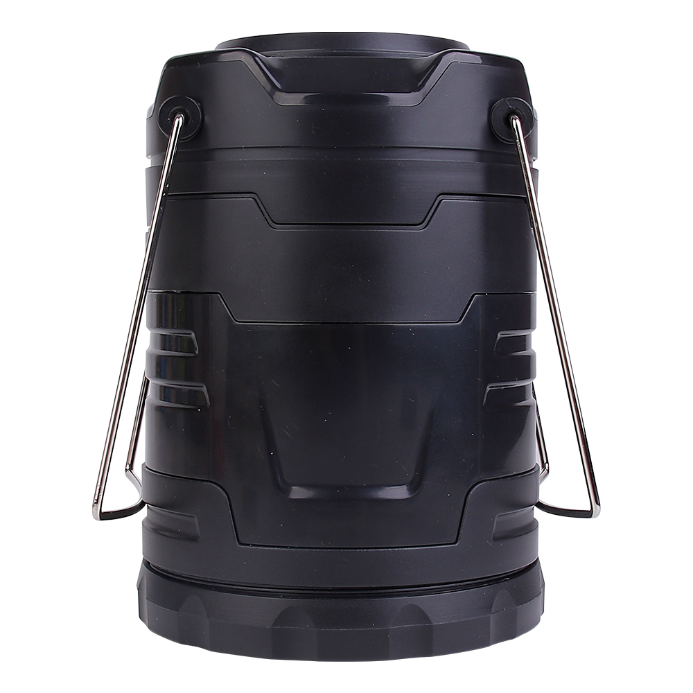 Direct front view of the collapsible LED camping lantern in its closed cylindrical form on a white background, featuring folded metal handles.