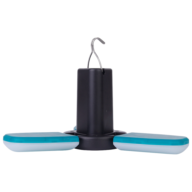 Side view of the foldable camping light with its three LED panels fully flattened horizontally, designed for hanging tent illumination.