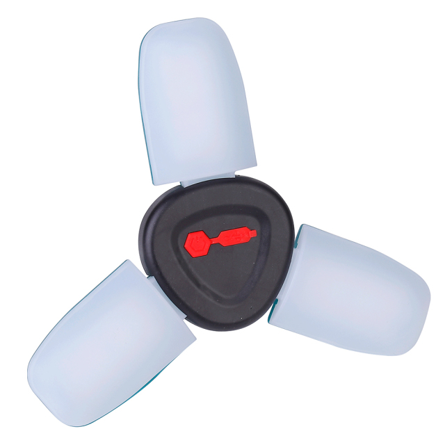 Top-down view of the foldable camping light on a white background, featuring three white leaf-like LED panels fully extended around a triangular center.