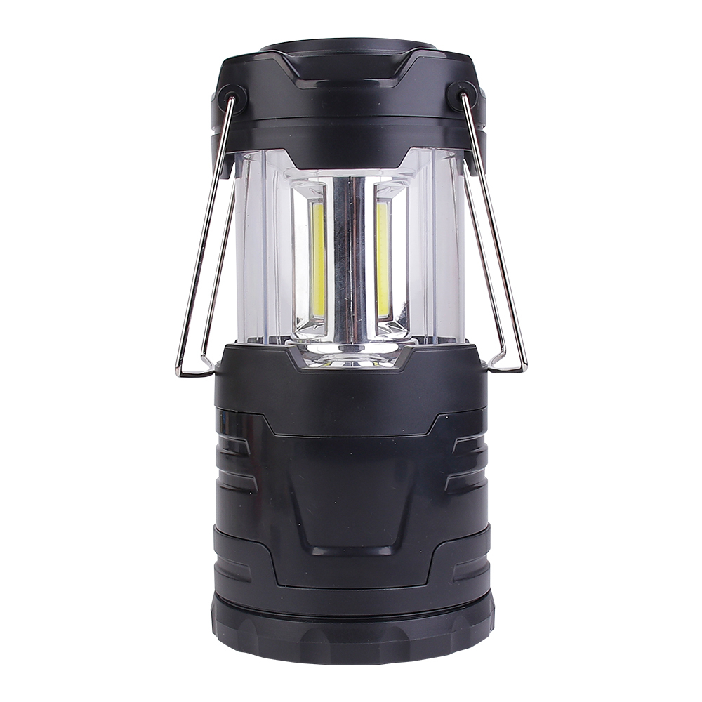 Front view of the retractable camping light fully stretched to reveal three vertical bright COB LED panels providing 360-degree illumination.