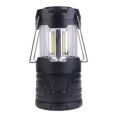 Front view of the retractable camping light fully stretched to reveal three vertical bright COB LED panels providing 360-degree illumination.