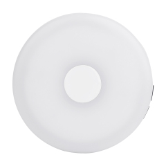 Direct front view of the round retractable camping string light showing the smooth white frosted diffuser dome and grey outer shell.