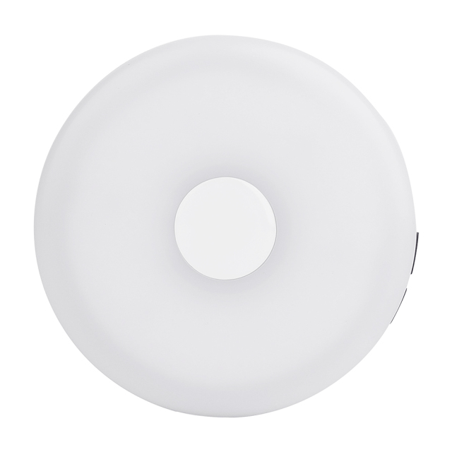 Direct front view of the round retractable camping string light showing the smooth white frosted diffuser dome and grey outer shell.