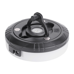 An angled rear view of the retractable camping string light with the integrated hand-crank handle raised for winding the 10m cable back inside.