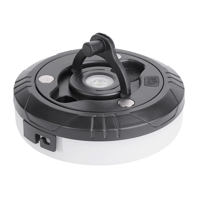 An angled rear view of the retractable camping string light with the integrated hand-crank handle raised for winding the 10m cable back inside.