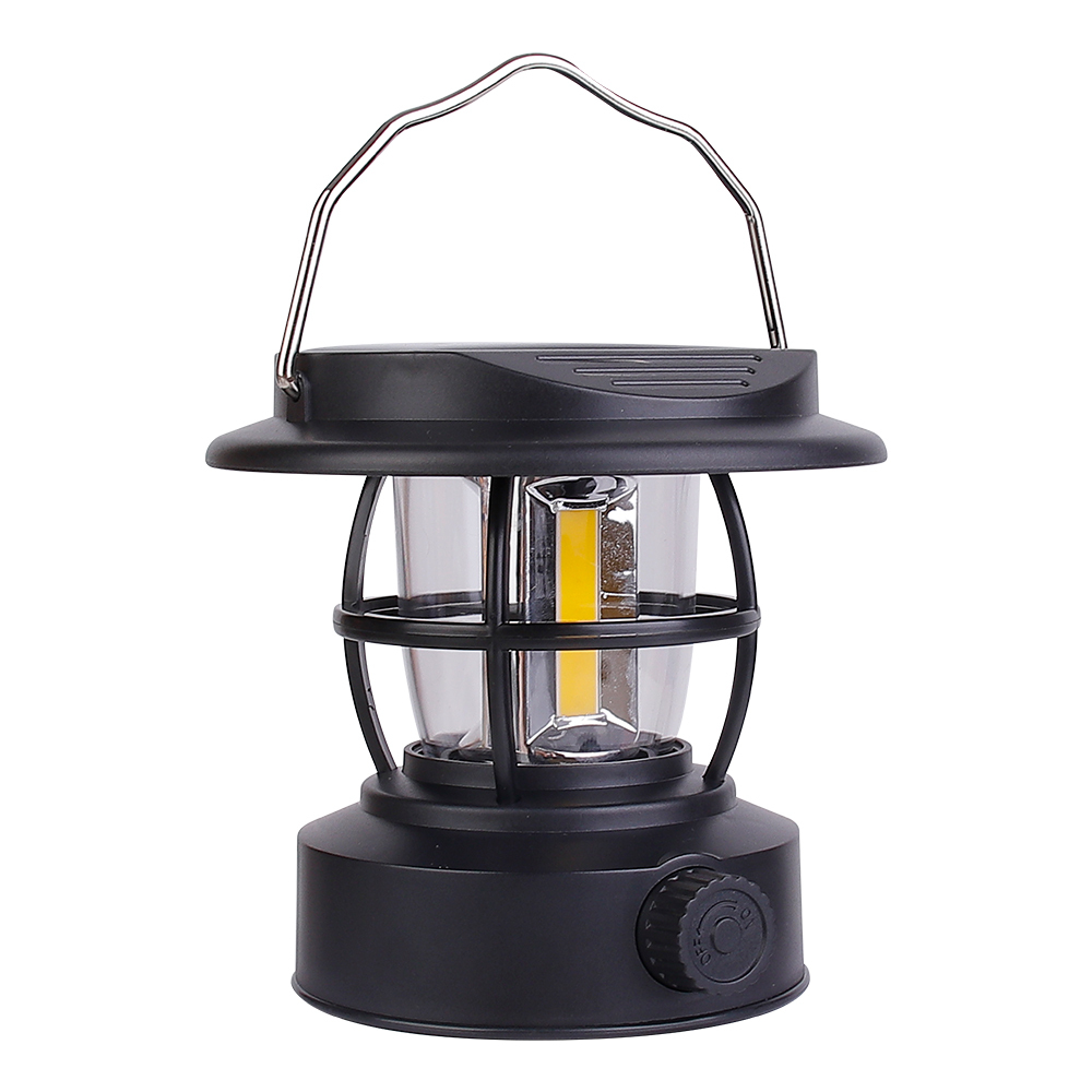 The retro COB LED lantern shown on a white background with its curved stainless steel wire carry handle raised for easy hanging.