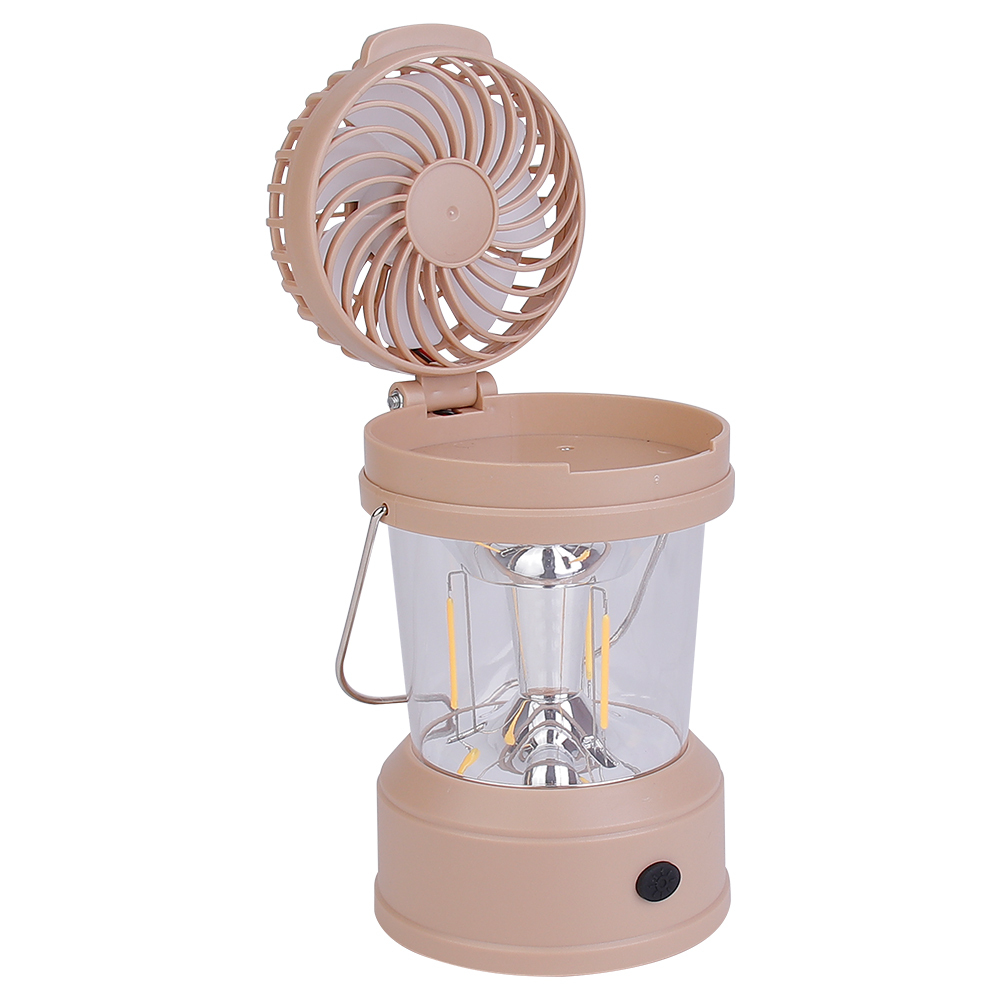 An angled perspective of the light brown camping lantern on a white background showing its integrated top cooling fan flipped fully open and upright.