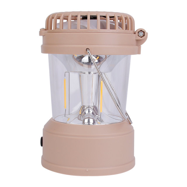 Side profile view of the rechargeable camping lantern on a white background showing the folded fan hinge on top and the metal wire bracket.