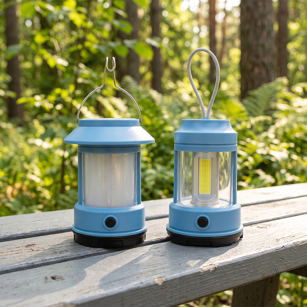 Two light blue camping lanterns, one with a metal hanger and one with a silicone loop handle, sitting on a wooden park bench in a sunny forest.