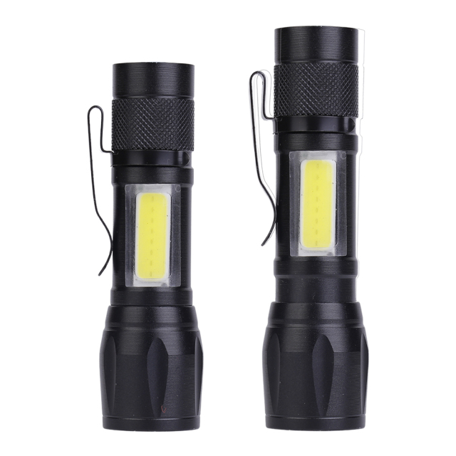 Side-by-side comparison of the pocket LED flashlight showing its contracted and extended telescopic zoom mechanism.