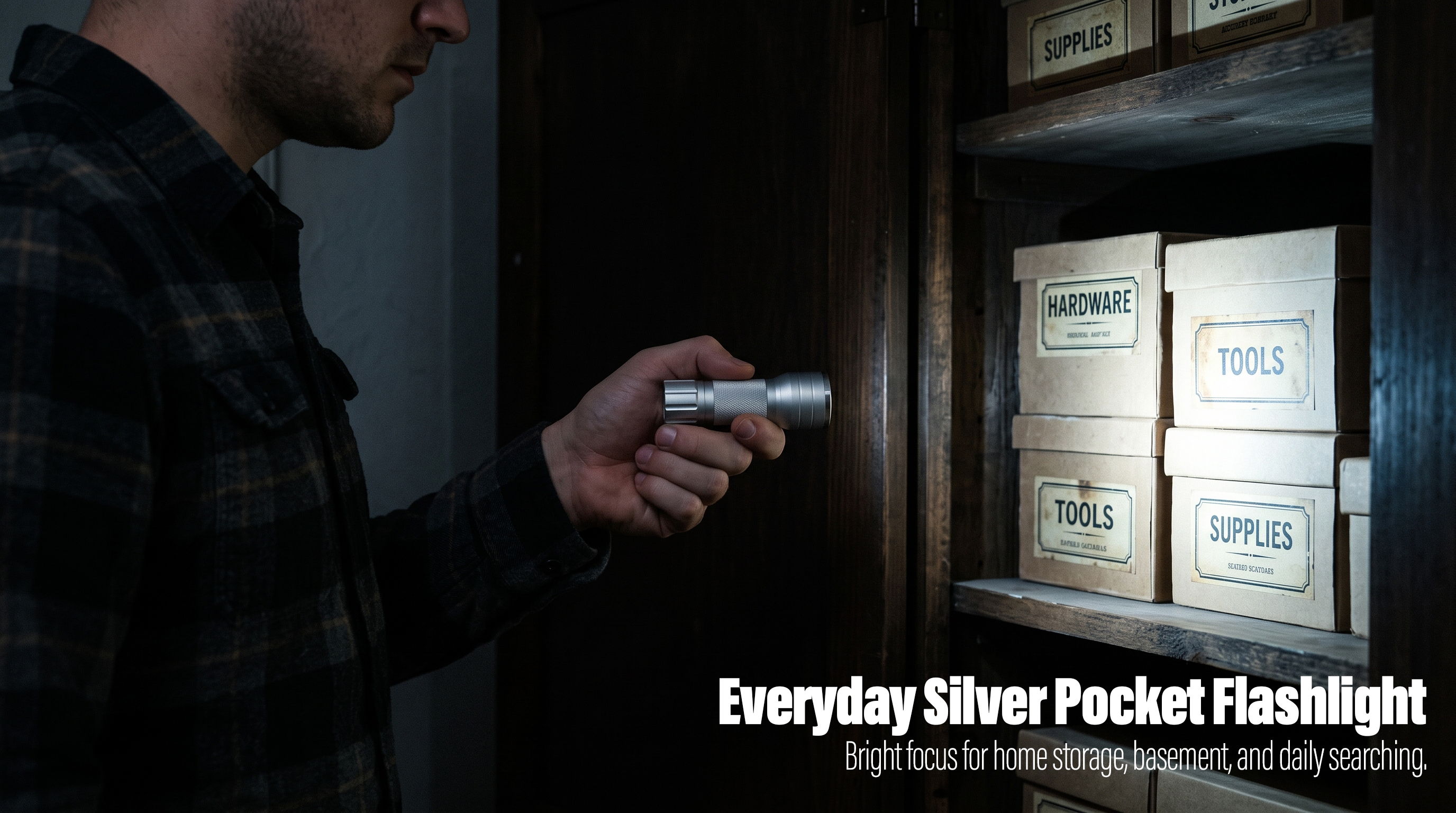 A man uses a compact silver aluminum flashlight to illuminate labeled storage boxes inside a dark cabinet.