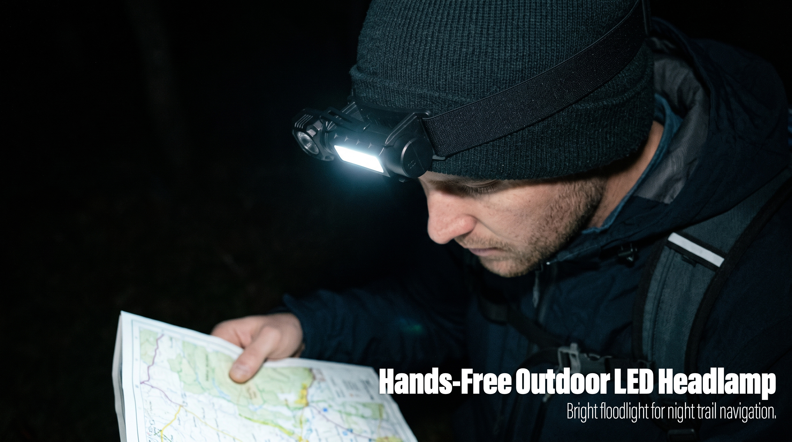 A hiker wearing a compact LED headlamp on his beanie uses the bright COB side light to read a map in the dark.