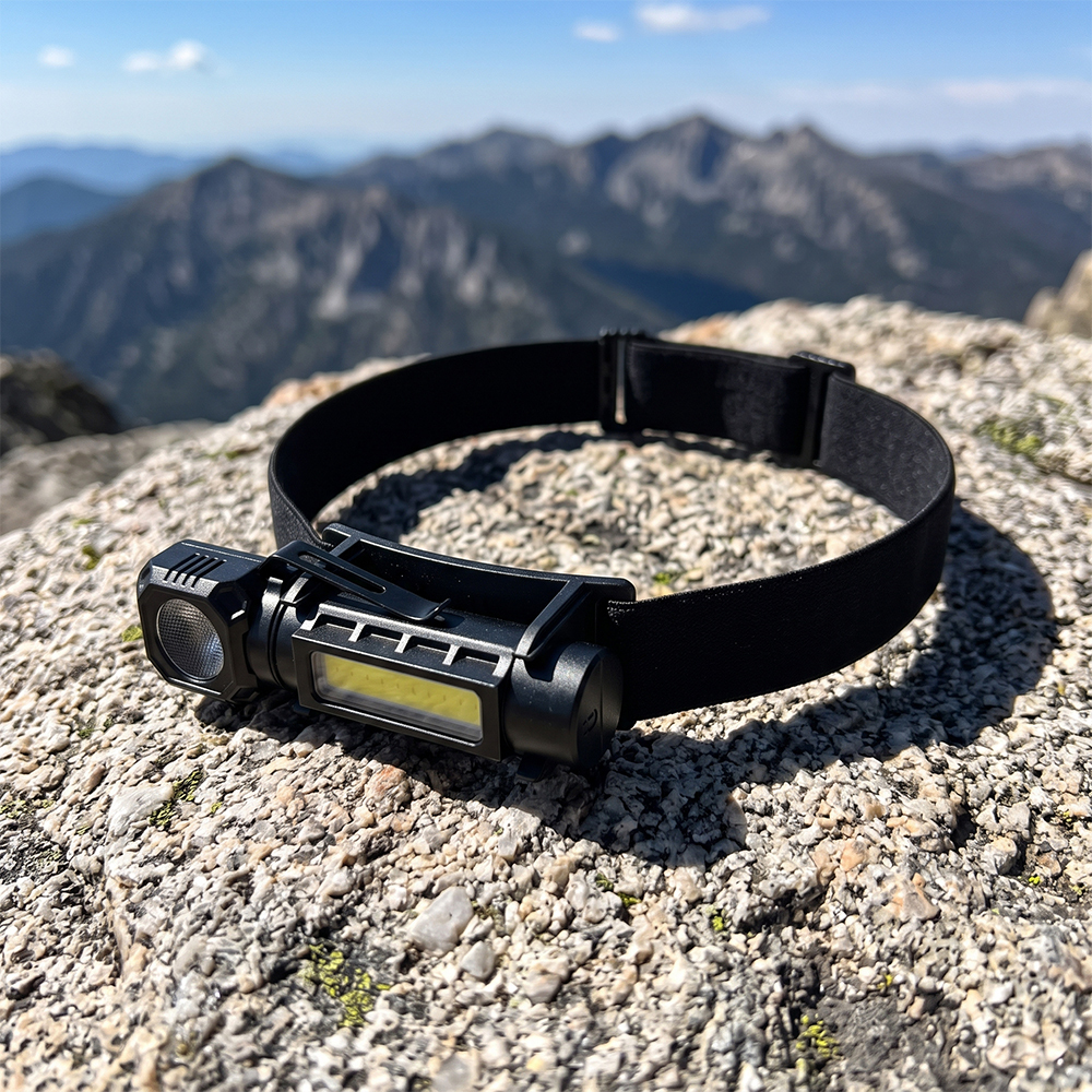 A black 3-in-1 LED headlamp mounted on an elastic strap resting on a mountain rock with a scenic outdoor background.