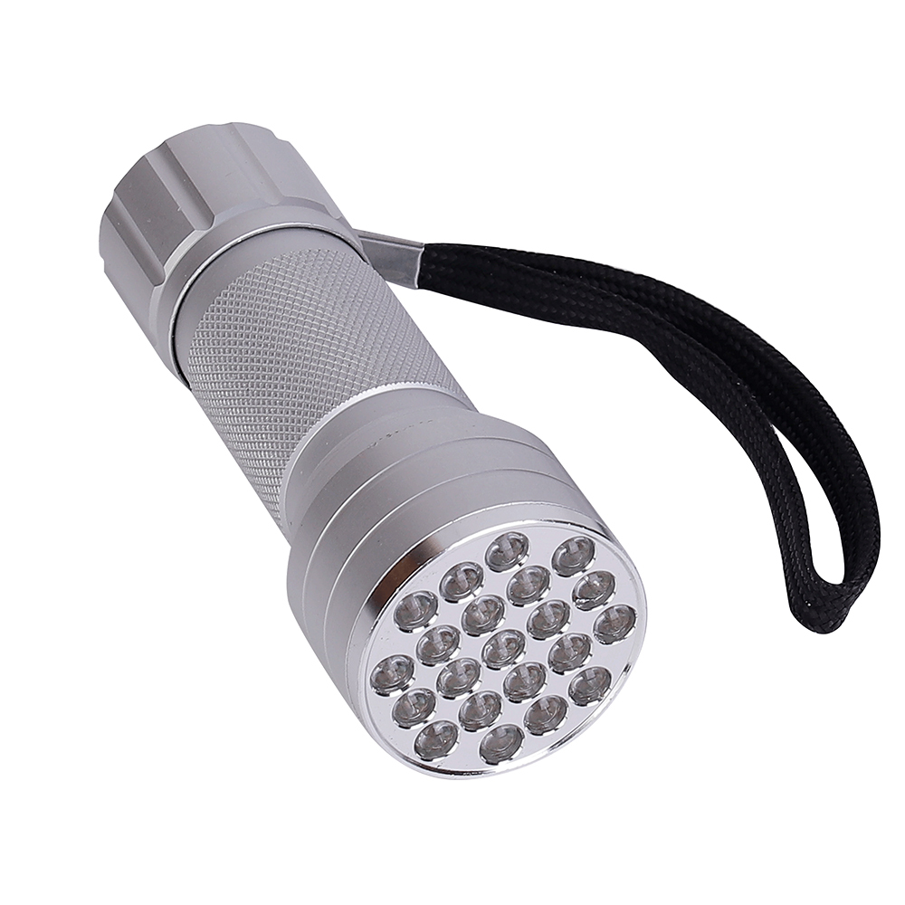 An angled view of the silver aluminum pocket flashlight showing its 21 LED head and black wrist strap on a white background.
