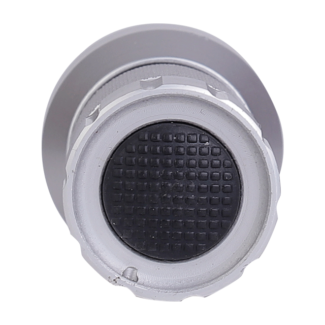 A bottom close-up view of the silver flashlight showing the black rubber push button switch on the tail cap.