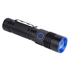 An angled side view of the black aluminum rechargeable tactical flashlight highlighting its textured grip and side switch.