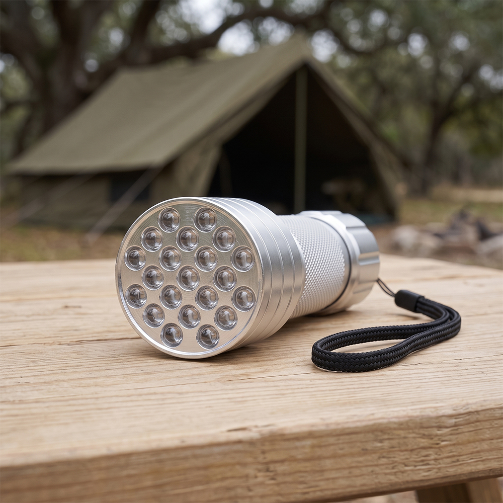 A silver 21 LED aluminum flashlight with a wrist strap lying on a wooden table in front of a camping tent outdoors.