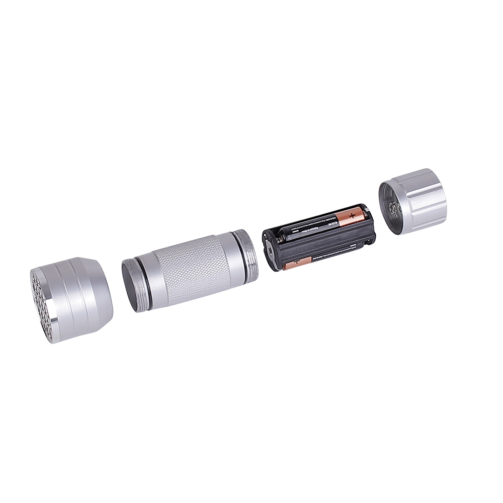 The silver aluminum flashlight disassembled into head, body, tail cap, and 3 AAA battery holder on a white background.