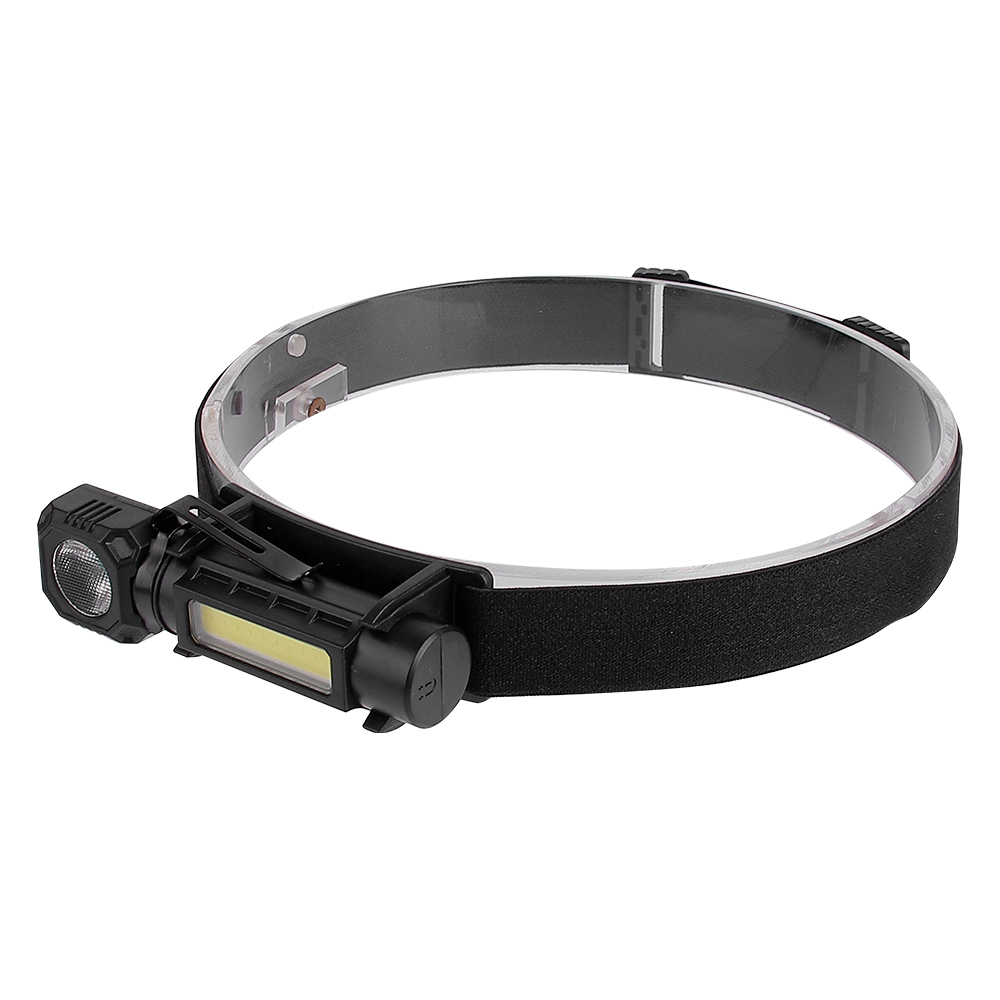 An angled view of the LED headlamp setup showing the adjustable black headband strap.